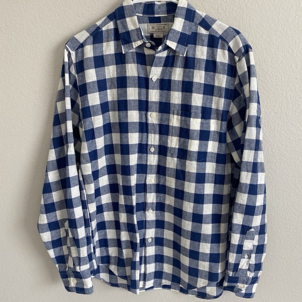 J. Crew Men's Navy and White Plaid Shirt Linen Blend Cotton Button Shirt